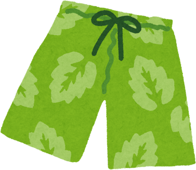 Illustration of Men's Swim Trunks with Green Leaf Pattern